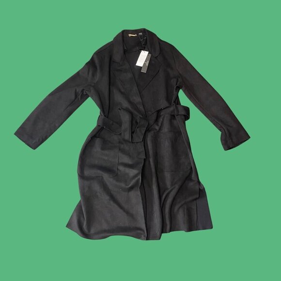 🖤 Tahari Black Faux Suede Wrap Trench Coat - Size M | Chic Belted Outerwear NWT - Picture 2 of 11